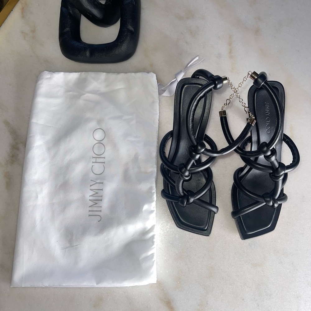 New Jimmy Choo Bay 90 Open Toe Sandal in Black Leather Womens 37.5 New NIB - Picture 16 of 17